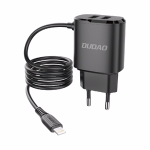 Lādētājs Dudao A2ProL melns (2xUSB) + integrēts Lightning kabelis