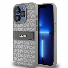 DKNY Ādas mono svītra un metāla logotips viedtālruņa apvalks iPhone 15 Pro Max - bēšs