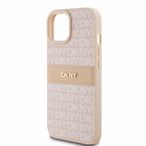 DKNY Ādas mono svītra un metāla logotips viedtālruņa apvalks iPhone 15 Plus / 14 Plus - rozā