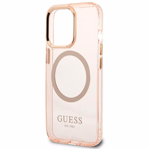 Guess GUHMP13LHTCMP iPhone 13 Pro / 13 6.1" rozā/rozā cietais viedtālruņa apvalks ar zelta kontūru, caurspīdīgs Magnētiskais MagSafe