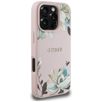 Guess Grained Printed Flower Pattern MagSafe viedtālruņa apvalks iPhone 16 Pro rozā