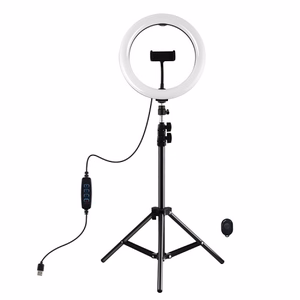 LED gredzenveida lampa 26cm ar galda statīvu līdz 1.1m, tālruņa turētāju un USB