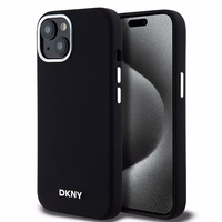 DKNY apvalks no šķidrā silikona MagSafe viedtālrunim iPhone 15 Plus / 14 Plus ar metāla logotipu - melns (m)