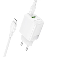 Borofone sienas lādētājs BN27 Fuente - USB + Type C - QC 3.0 PD 20W ar Type C uz Lightning kabeli balts
