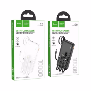 Portatīvais lādētājs Hoco 10000 mAh 2A ar četriem iebūvētiem kabeļiem USB A + USB C + Lightning + Micro USB J146 melns