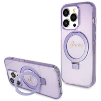 Guess Magnētiskā viedtālruņa apvalks ar gredzena statīvu Script Glitter MagSafe iPhone 13 Pro / 13 - violeta