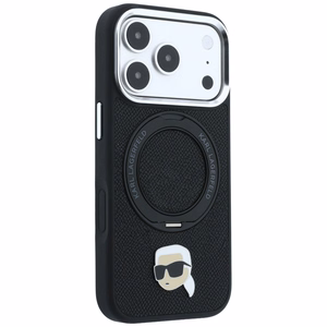Melns MagSafe vāciņš Karl Lagerfeld ar 360° gredzena statīvu un Karla galvas emblēmu iPhone 18 Pro Max / 17 Pro Max