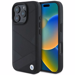 BMW Signature Ādas Apvalks ar Līniju Rakstu iPhone 16 Pro - Melns