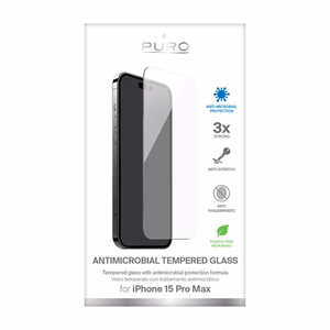 Puro Anti-Bacterial rūdīta stikla ekrāna aizsargs ierīcei iPhone 15 Pro Max, ar pretmikrobu aizsardzību