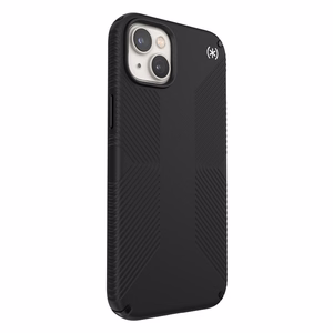 Speck Presidio2 Grip MagSafe vāciņš ierīcei iPhone 14 Plus, ar neslīdošu satvērienu, “Black / Black / White” krāsu kombinācija