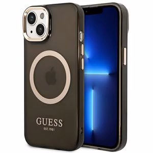 Guess GUHMP14SHTCMK iPhone 14 6.1" melns/melns cietais apvalks Zelta kontūra Daļēji caurspīdīgs Magnētiskais