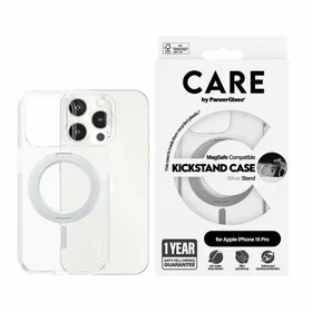 CARE by PanzerGlass viedtālruņa apvalks ar statīvu MagSafe iPhone 15 Pro - sudrabains