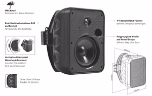 Wall Speaker, 60W, 6.5", Two-Way, Melns, Weather-Resistant