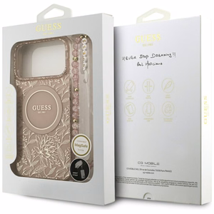 Guess IML Flowers Electro Pearl Strap MagSafe Case for iPhone 17 Pro Max - Pink