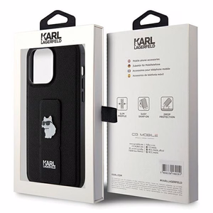 Karl Lagerfeld Gripstand Saffiano Choupette Pins viedtālruņa apvalks iPhone 13 Pro Max - melns