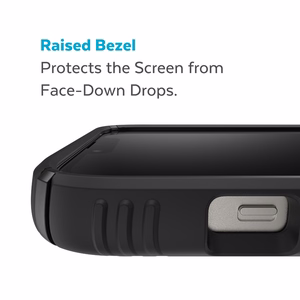 Speck Presidio2 Grip MagSafe vāciņš ierīcei iPhone 14 Plus, ar neslīdošu satvērienu, “Black / Black / White” krāsu kombinācija