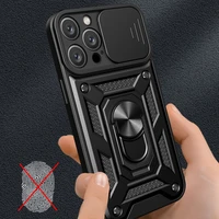 Hybrid Armor Camshield bruņots viedtālruņa apvalks iPhone 16 Pro Max ar kameras vāciņu un statīvu - melns
