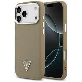 Guess Grained Triangle Logo Magnētiskais viedtālruņa apvalks iPhone 17 Pro brūns