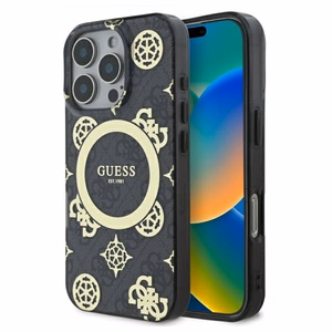 Guess IML Peony On 4G Background Magnētiskais viedtālruņa apvalks iPhone 16 Pro - melns