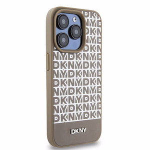 DKNY Ādas drukāts raksta metāla logotips Magnētiskais viedtālruņa apvalks iPhone 15 Pro Max - brūns