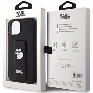Karl Lagerfeld Gripstand Saffiano Choupette Pins apvalks viedtālrunim iPhone 15 Plus / 14 Plus - melns