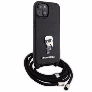 Karl Lagerfeld krustveida Saffiano monogramma metāla piespraude Karl & Choupette viedtālruņa apvalks iPhone 15 - melns