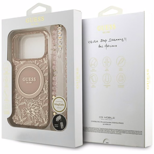 Guess IML Flowers Electro Pearl Strap MagSafe apvalks viedtālrunim iPhone 17 Pro - rozā