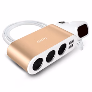 Auto cigarešu aizdedzinātāja ligzdas sadalītājs B08 - 3 ligzdas + 2xUSB - 3,1A 120W ar displeju un kabeli zeltains