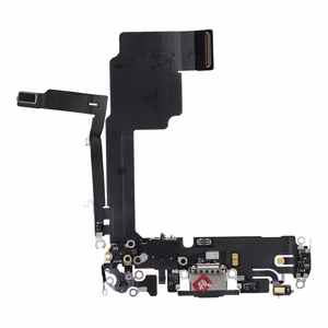 Original charging-port flex cable removed from a donor device for iPhone 15 Pro – black
