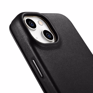 iCarer CE Premium ādas folio vāciņš iPhone 14 Plus ar MagSafe magnētisku flip vāciņu - melnā krāsā