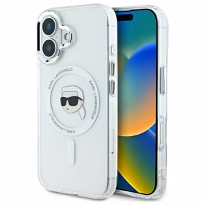 Karl Lagerfeld IML Metal Karl Head Magnētiskais iPhone 16 Plus viedtālruņa apvalks - balts