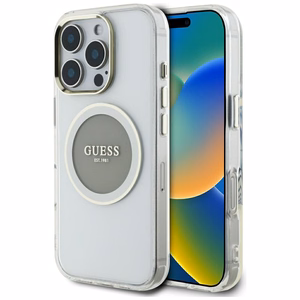 Guess IML Metal Colored Circle Classic Logo Magnētiskais viedtālruņa apvalks iPhone 16 Pro Max - pelēks