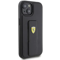 Ferrari Grip Stand Metal Logo apvalks iPhone 15 – melns