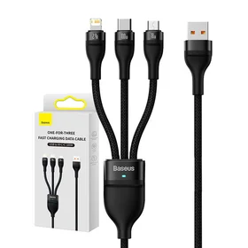 3in1 USB kabelis Baseus Flash Series, USB-C + micro USB + Lightning, 100W, 1.2m (melns)