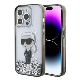 Karl Lagerfeld Liquid Glitter Ikonik viedtālruņa apvalks iPhone 15 Pro - caurspīdīgs