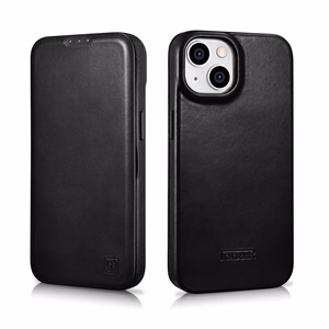 iCarer CE Oil Wax Premium ādas folio viedtālruņa apvalks iPhone 14 Plus Magnētiskais atveramais apvalks ar MagSafe Melns (AKI14220707-BK)
