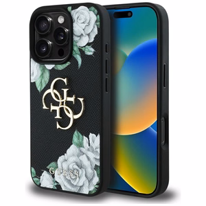 Guess Grained Roses Big 4G logo viedtālruņa apvalks iPhone 16 Pro Max - melns