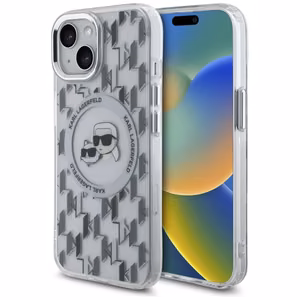 Karl Lagerfeld IML Monogramma Karl & Choupette Head Magnētiskais iPhone 15 viedtālruņa apvalks - caurspīdīgs