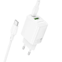 Borofone Lādētājs BN29 USB + Type C - QC 3.0 PD 30W ar Type C uz Type C kabeli balts