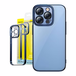Baseus Glitter caurspīdīgs apvalks un rūdītā stikla komplekts iPhone 14 Pro (zils)