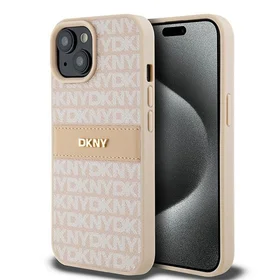 DKNY Ādas mono svītra un metāla logotips viedtālruņa apvalks iPhone 15 / 14 / 13 - rozā
