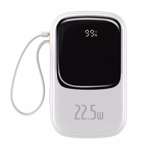 Baseus Qpow ar digitālo indikatoru portatīvais lādētājs ar ātru uzlādi 20000mAh 22.5W QC/PD/SCP/FCP ar iebūvētu USB-C kabeli balta