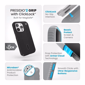 Speck Presidio2 Grip ClickLock MagSafe vāciņš ierīcei iPhone 15 Pro, melnā un slānekļpelēkā krāsā
