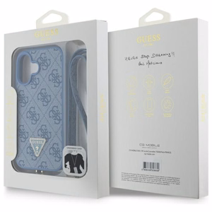 Guess Ādas Crossbody apvalks viedtālrunim iPhone 16 ar metāla logotipu un Strass - zils
