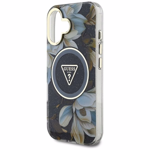 Guess Glitter Flowers Triangle Buttons Magnētiskais viedtālruņa apvalks iPhone 16 - melns