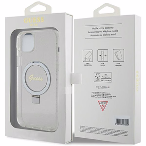Guess GUHMP15MHRSGSD iPhone 15 Plus / 14 Plus 6.7" caurspīdīgs/caurspīdīgs cietais apvalks Gredzena Statīvs Script Glitter Magnētiskais