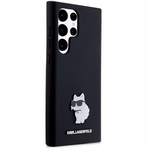 Karl Lagerfeld silikona Choupette metāla piespraude viedtālruņa apvalks Samsung Galaxy S23 Ultra - melns