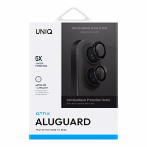 Uniq Optix alumīnija kameras lēcas aizsargs iPhone 16 / 16 Plus ar aplikatoru - melns