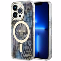 Guess GUHMP14XHLEOPWB iPhone 14 Pro Max 6.7" zils cietais apvalks Leopard Magnētiskais
