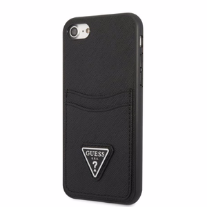 Guess GUHCI8PSATPK iPhone 7/8 SE 2020 / SE 2022 cietais apvalks melns/melns cietais apvalks Saffiano trīsstūra logotips karšu slots